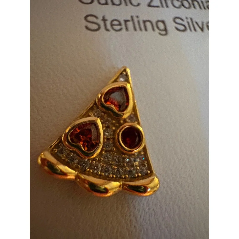Rachel Zoe Pizza Stud Earrings Gold Sterling Silver Cubic Zirconia Red - Picture 7 of 8